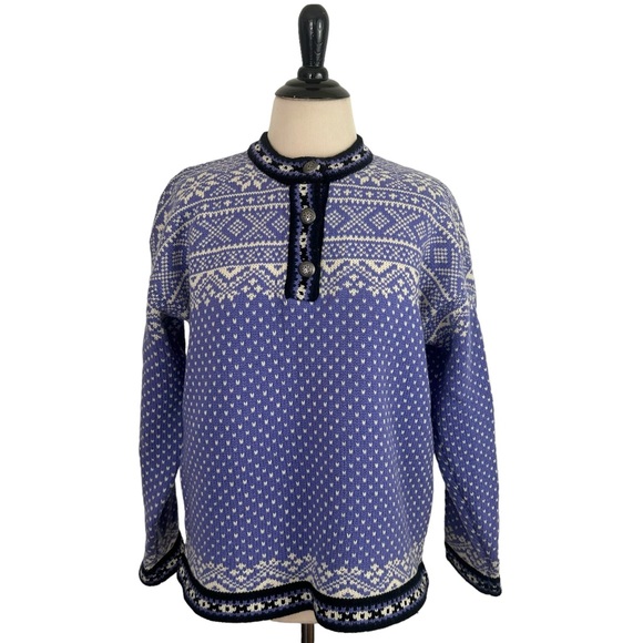 LL BEAN M Vintage Merino Wool Purple SWEATER Button Nordic Snowflake Fair Isle - Picture 3 of 13
